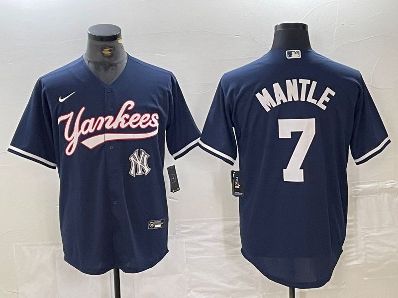Men New York Yankees 7 Mantle Dark blue Second generation joint name Nike 2024 MLB Jersey style 3